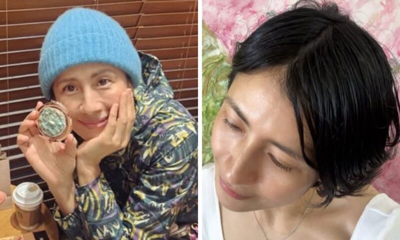 長谷川理恵がニット帽姿で笑顔を見せるショットと、ショートボブヘアでナチュラルな表情を見せる近影の比較画像
