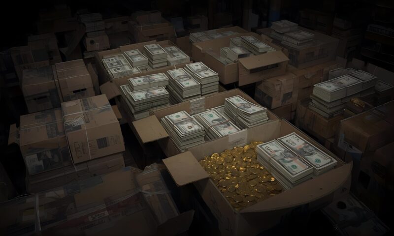 段ボールにいっぱいの札束と金貨金貨
