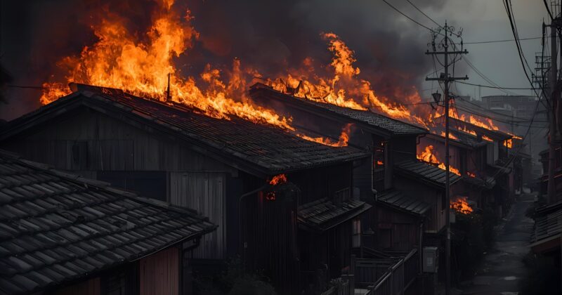 昭和風の日本の長屋が火事