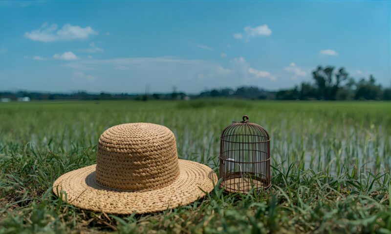大自然の中の麦わら帽子と虫かご
