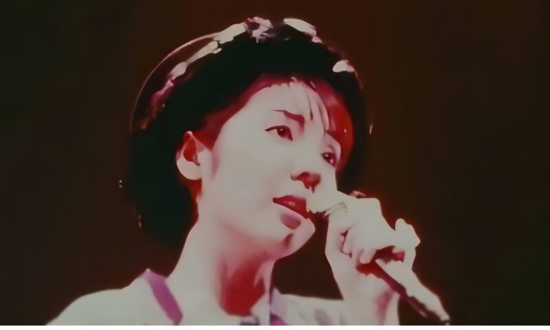 1996年の初ツアーで歌唱する岡本真夜。赤いステージ照明の中、マイクを手に横顔でしっとりと歌い上げる当時のライブ写真。