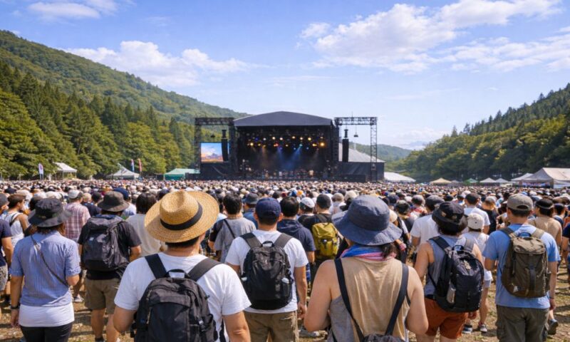 夏の野外音楽フェス会場の観客とメインステージ風景|フジロックのイメージ