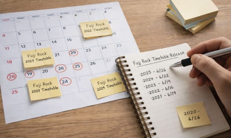 カレンダーとノートでフジロックのタイムテーブル公開日を整理するイメージ