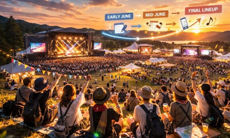 段階的に発表される音楽フェスのラインナップをイメージした会場風景