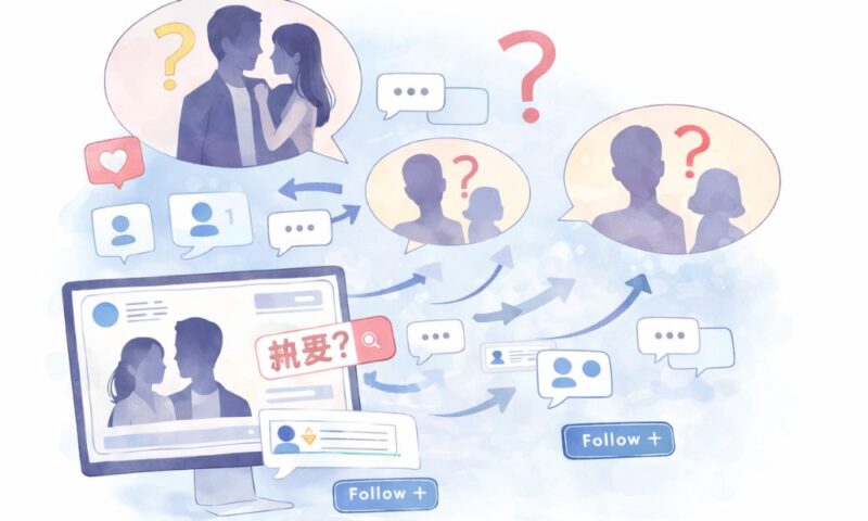 熱愛の噂がSNSで拡散していく様子を示した横長イラスト、吹き出しと矢印が連鎖するデザイン