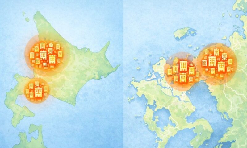 北海道と福岡の主要都市に集中するホテル分布イメージ