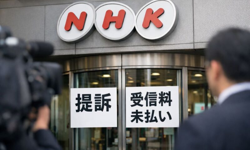 NHK受信料未払い問題をイメージしたNHKロゴと提訴の掲示