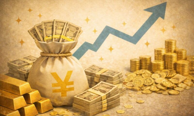 昭和風のレトロな雰囲気の中、紙幣の束や金塊、硬貨が積み重なり、中央に大きな巾着袋が置かれた富や資産をイメージした構図の静物イメージ。