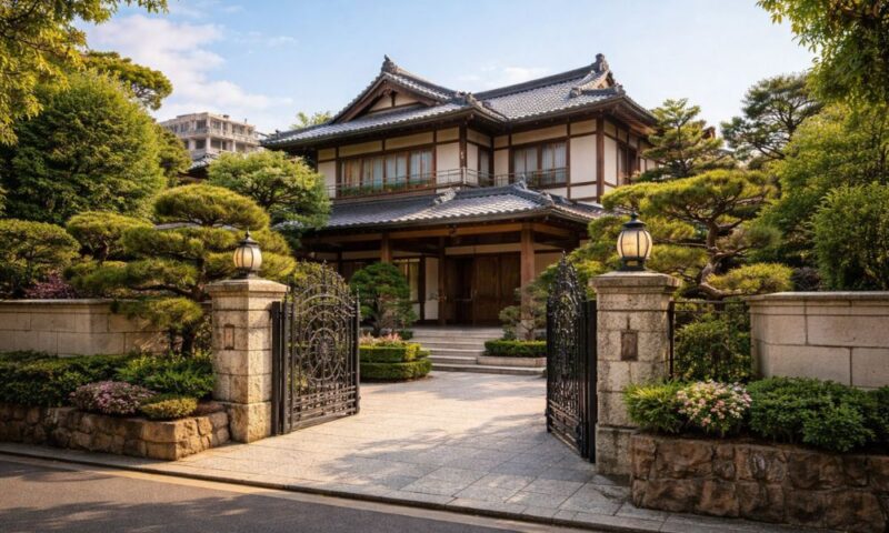 昭和の都会にある豪邸をイメージした和風邸宅。重厚な門構えと手入れされた庭園、瓦屋根の大きな二階建て住宅が落ち着いた雰囲気を演出している。