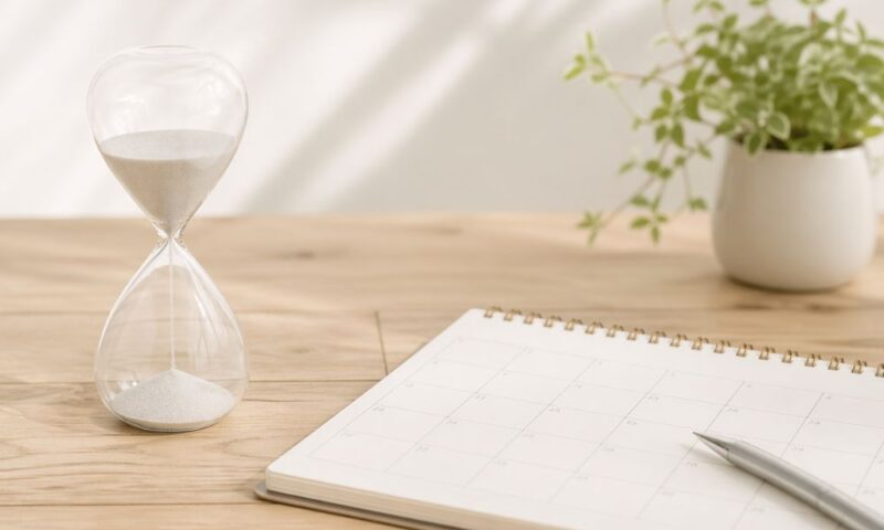 砂時計とカレンダーが置かれた木の机、時間の経過や回復までの期間をイメージした落ち着いた雰囲気の写真