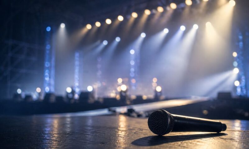 照明が当たる空のステージにマイクが置かれた様子、ライブや今後の活動への影響をイメージした写真