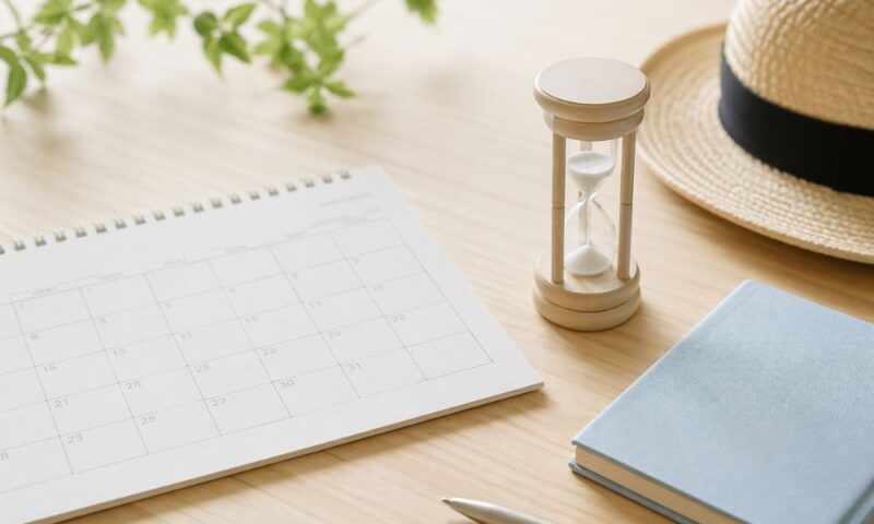 木製テーブルの上に置かれたカレンダー、砂時計、ノート、ペン、麦わら帽子が並ぶ、時間と休暇をイメージしたシンプルな静物写真