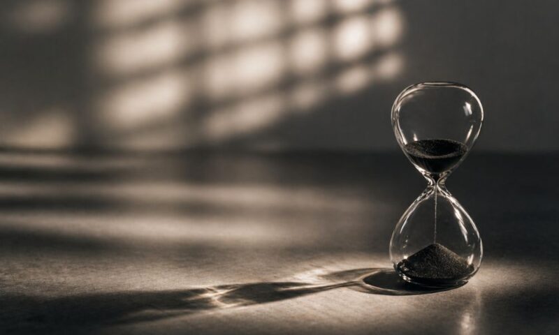 暗い空間に置かれたガラスの砂時計に光が差し込み、時間の流れと忙しさを象徴する静かなイメージ
