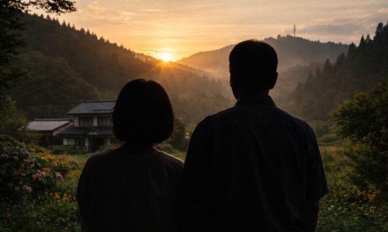 豊田萌絵の両親をイメージした夕暮れのシルエット風景