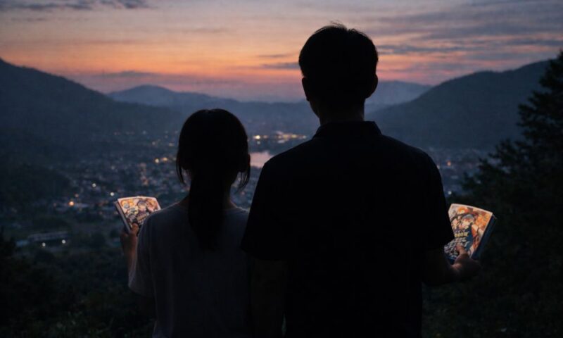 豊田萌絵と兄をイメージしたシルエット｜漫画本を手にした兄妹が夕暮れの街を見つめる風景