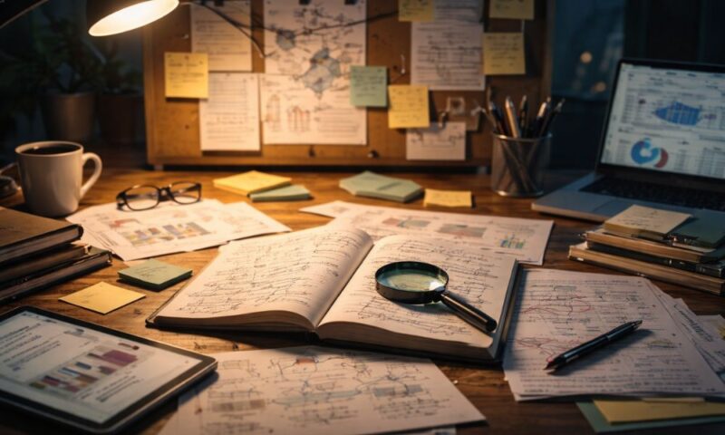 徹底考察をイメージした作業デスク|資料やノート、虫眼鏡が並ぶリサーチ風のイメージ写真