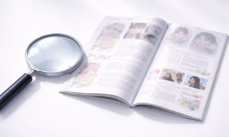 虫眼鏡と雑誌のイメージ画像 人物の比較や検証をイメージしたビジュアル