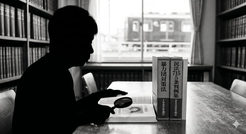 図書室のデスクで、ルーペを持ち資料を調べる人物の横顔シルエット。机の上には「暴力団対策法 1992年施行」「民法715条判例集 2008年改正」と書かれた分厚い本の背表紙が並んでいる。