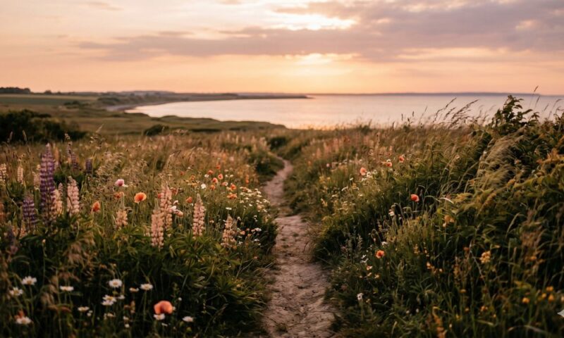 夕焼けの光に包まれた海沿いの花畑と、彼方へ続く一本の小道。これまでの道のりと温かい思い出を感じさせる情緒的な風景。