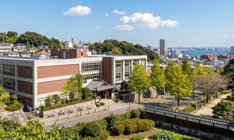 横浜市中区の丘の上に建つ、赤レンガ風の校舎と緑豊かな学校風景。遠くには横浜港の海とベイエリアの街並みが広がる。