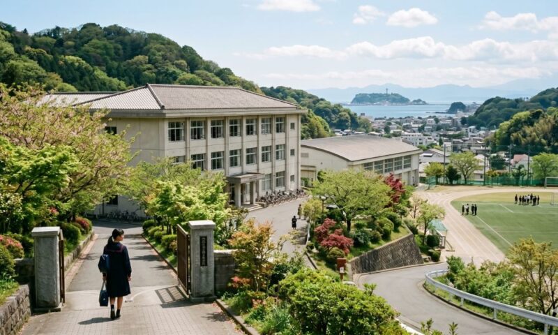 海が見える高台に位置する、神奈川県をイメージした日本の公立学校の校舎風景。緑豊かな山々に囲まれ、グラウンドでは生徒たちが活動している様子。