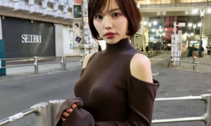 夜の街角で肩出しニットを着てカメラを見つめる、フリーランスとして活動中の上西萌々
