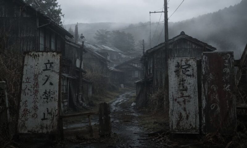 深い霧に包まれた日本の過疎村の路地。古びた木造家屋が並び、ぬかるんだ細道の手前には「立入禁止」「掟を守れ」と書かれた不気味な看板が立っている。曇り空と低彩度の色味が、映画のような不穏で冷たい空気感を演出している。