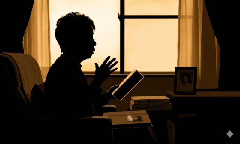 夕暮れの室内で、本を手に語りかける女性の横顔シルエット。机の上には家族の写真立てと判例集が並んでいる。