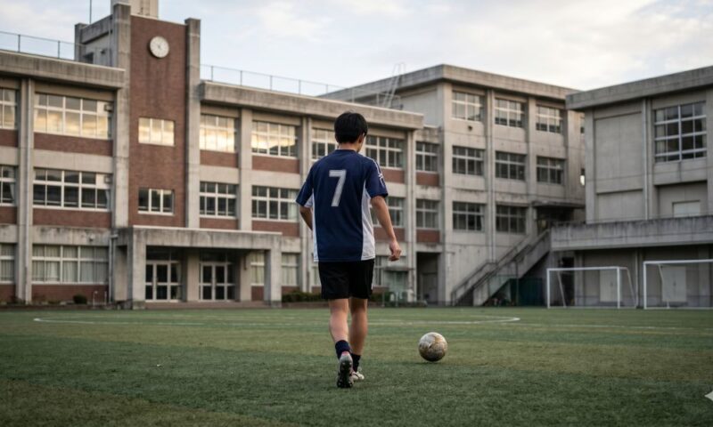 夕暮れ時の学校の校庭で、サッカーボールを前に佇む背番号7のユニフォームを着た男子学生の後ろ姿。背景には時計塔のある静かな校舎が広がっている。