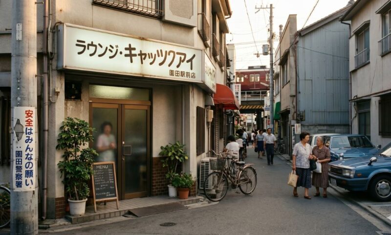 昭和レトロな駅前商店街の路地。手前には「ラウンジ・キャッツアイ 園田駅前店」と書かれた看板の店舗があり、奥の高架線路を茶色の電車が走っている。