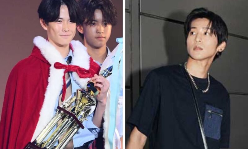 左にミスターコンでトロフィーを持つ江畑皇之介、右に黒いTシャツ姿の目黒蓮を並べ、高身長なスタイルやアンニュイな雰囲気が似ているかを比較した上半身画像