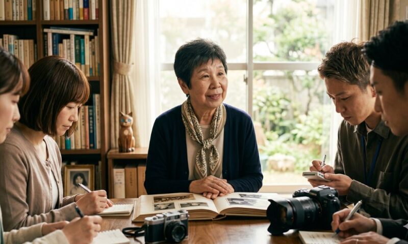 明るい室内のテーブルを囲み、年配の女性が若い男女の取材班に向けて穏やかに語りかけている風景。手前には開かれたアルバムやカメラ、メモを取る手元が写っている。