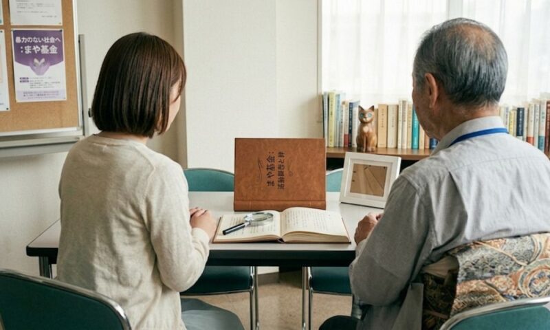 デスクを挟んで座る、若い女性と年配の男性の後ろ姿。机の上には「まや基金:活動報告と絆」と書かれた革表紙のアルバムが開かれており、壁には「暴力のない社会へ:まや基金」のポスターが貼られている。