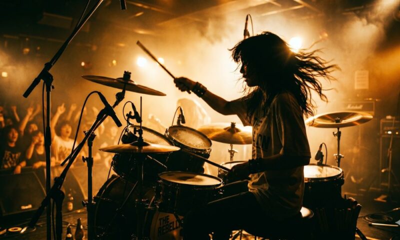 昭和のライブハウスで情熱的にドラムを叩く若い女性のシルエット。堀江まやの青春時代(バンド活動)をイメージしたアート画像