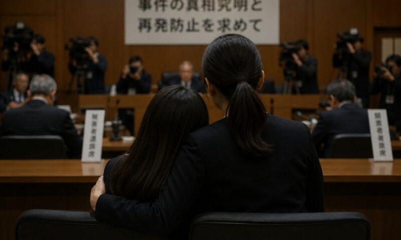 母親と娘が寄り添いながら法廷のような場に背を向けて座る後ろ姿。周囲には報道陣や関係者が並び、父親不在の中で強まった母娘の絆を感じさせるシリアスなイメージ。