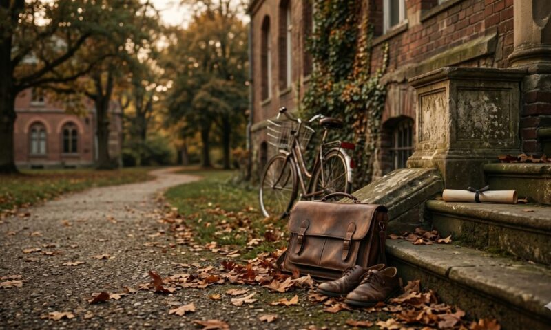 夕暮れの大学キャンパスの風景。石畳の小道、レンガ造りの校舎、そして手前の枯れ葉の上に置かれた革のカバンと靴、奥に停められた自転車が、ノスタルジーと学びの記憶を感じさせる。