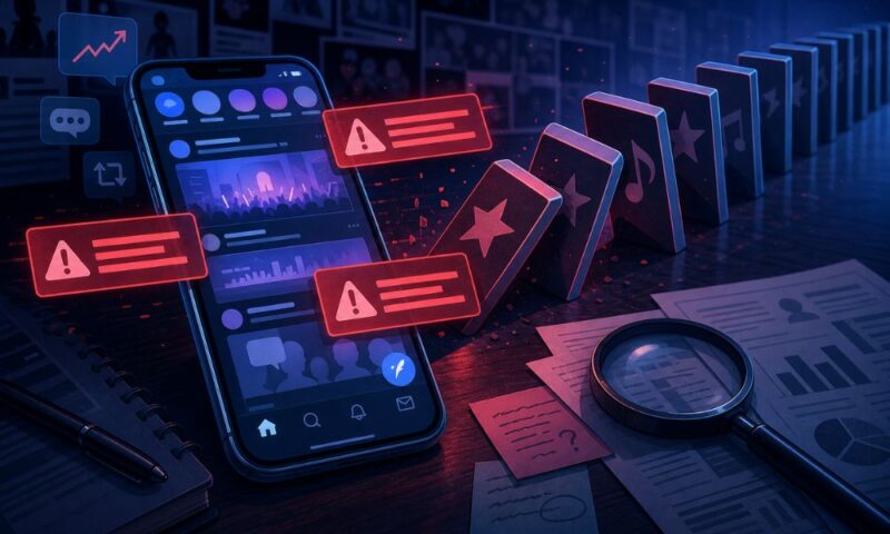 あんスタ関係者への告発が連鎖する様子をイメージしたイラスト