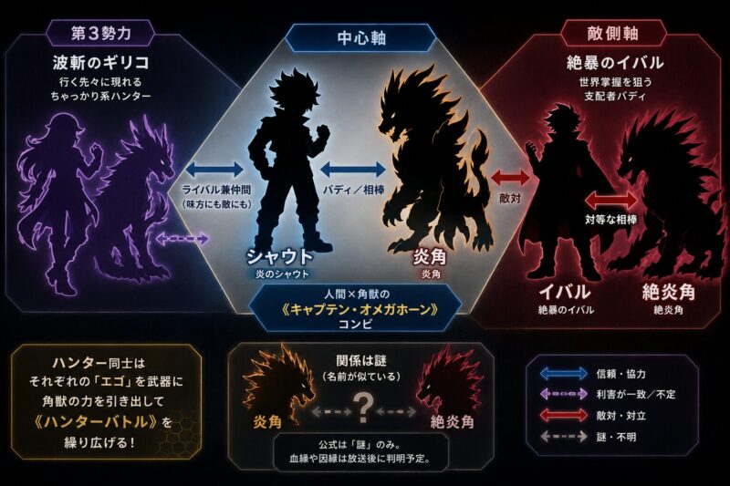 角醒ハンター オメガホーンの登場人物相関図（ファン向け整理・生成画像）。中央に炎のシャウトと炎角のバディ関係、右に絶暴のイバルと絶炎角の対等な相棒、左に波斬のギリコの第3勢力（味方にも敵にも）を示す。炎角と絶炎角の関係は公式上「謎」とされ、矢印の意味は信頼・敵対・利害一致・不明で色分け。公式の相関図ではなく、公開情報をもとにした考察用の図。